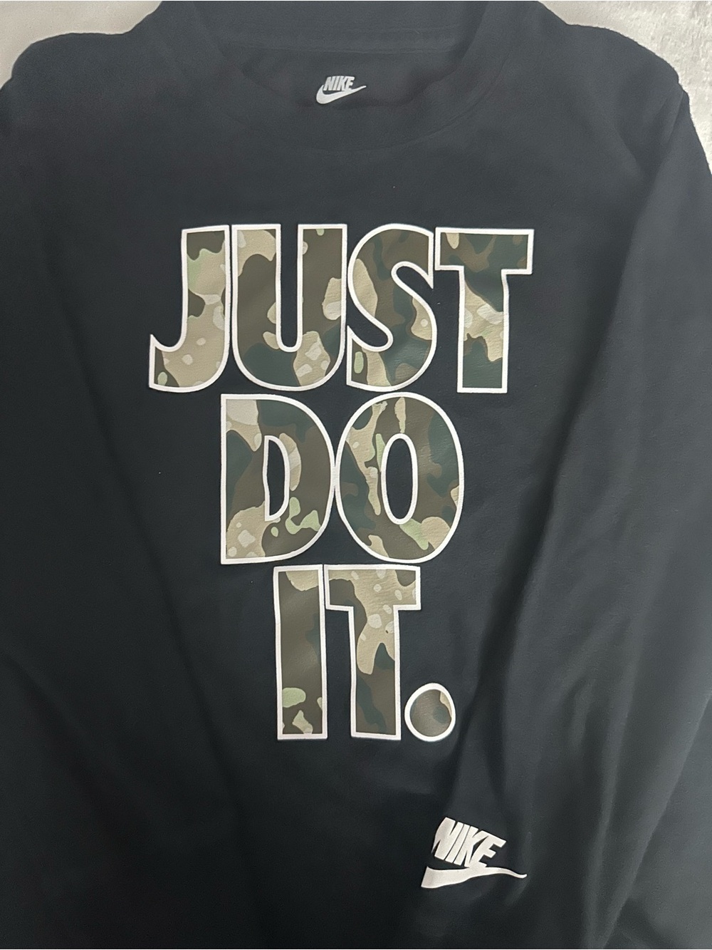 Nike Black Long Sleeve with Green Camo 'JUST DO IT' Lettering